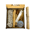 Kit de limpieza y protección energética con salvia palo santo y selenita en caja de madera