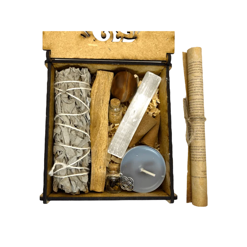 Kit de limpieza y protección energética con salvia palo santo y selenita en caja de madera