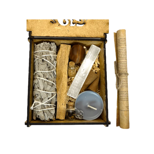 Kit de limpieza y protección energética con salvia palo santo y selenita en caja de madera