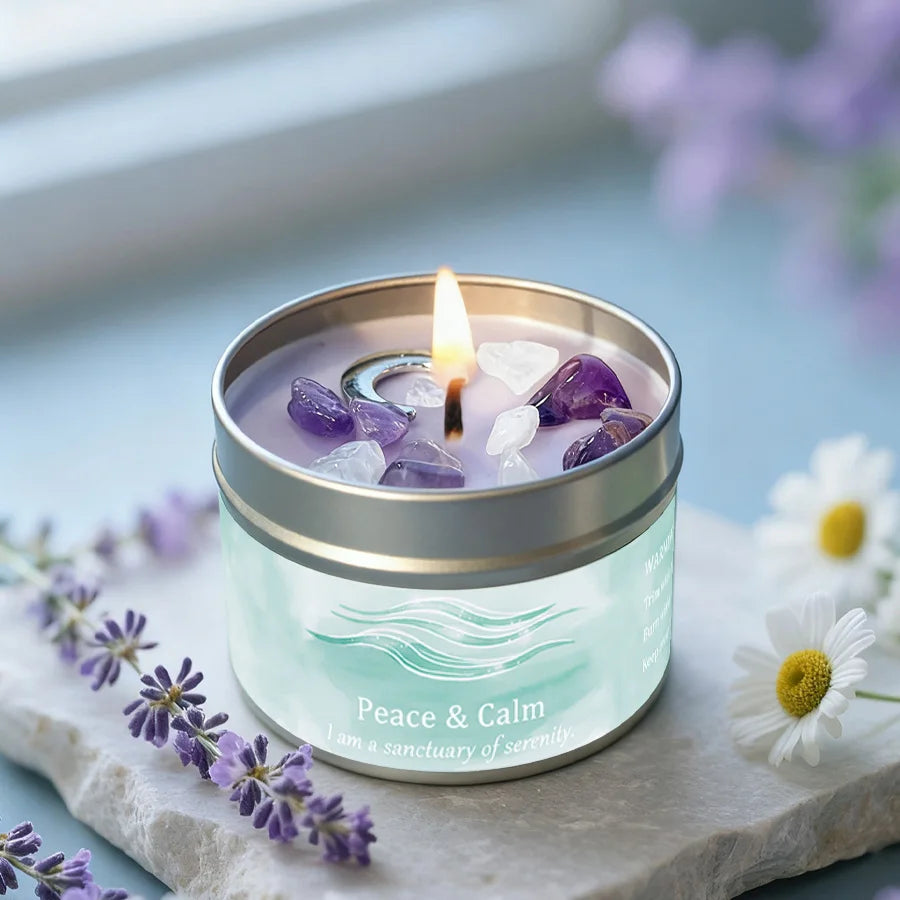 Vela ritual con cristales naturales para ley de atracción y manifestación positiva