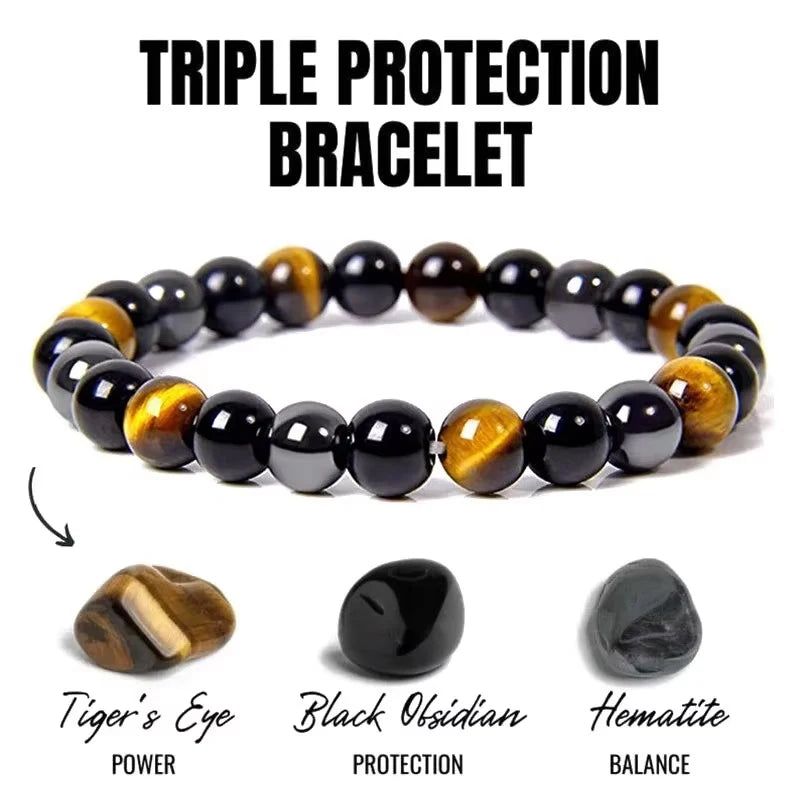 Pulsera Triple Protección | Ojo de Tigre, Hematita y Obsidiana Negra
