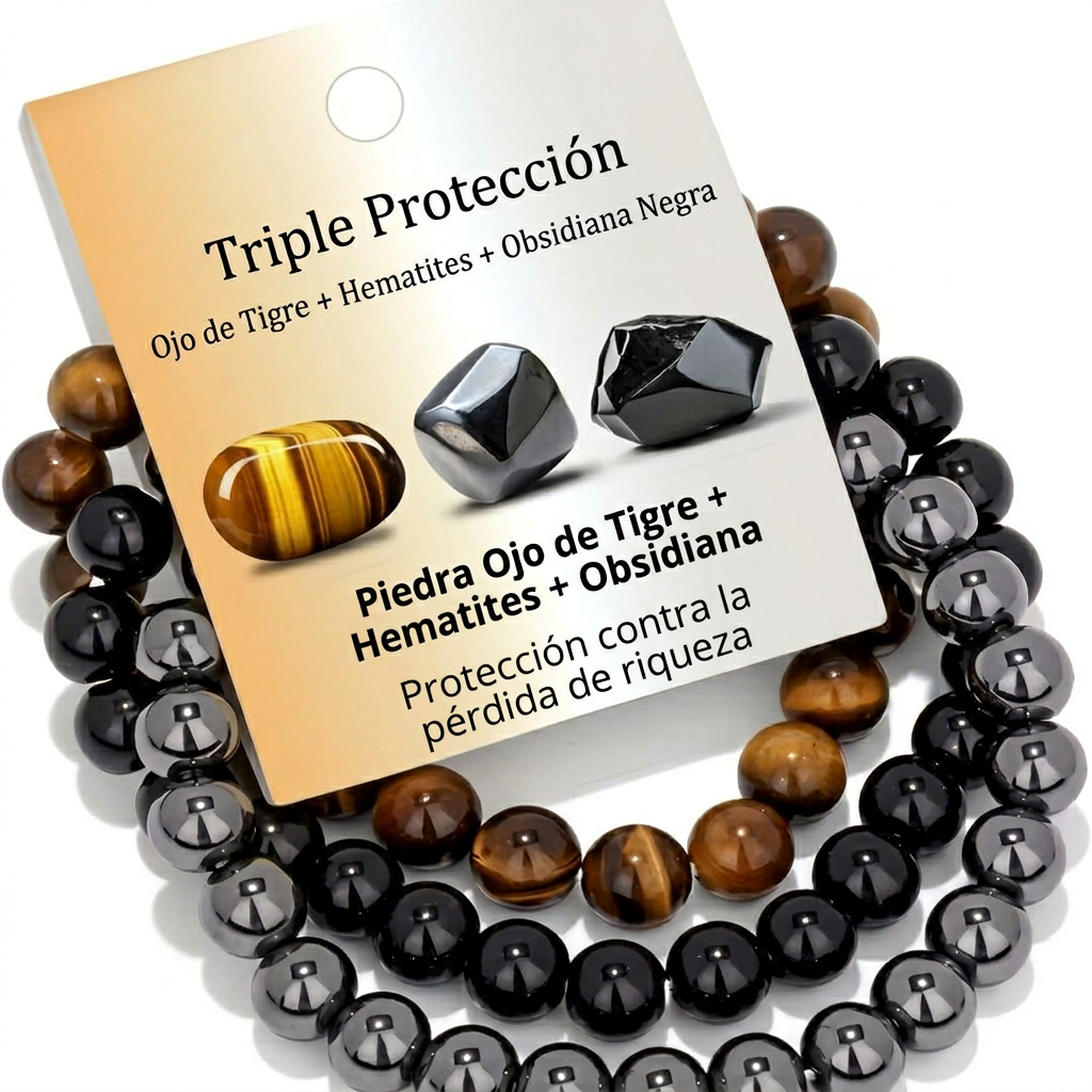 Pulsera Triple Protección | Ojo de Tigre, Hematita y Obsidiana Negra